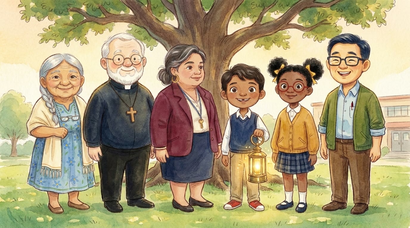 All characters under the oak tree